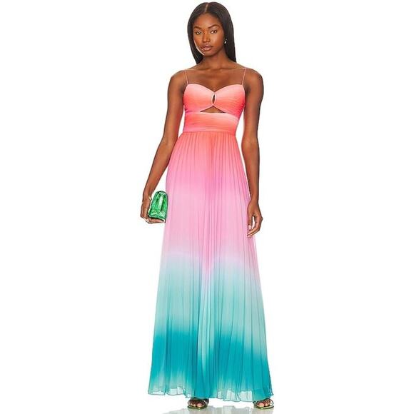 AMUR Dresses & Skirts - Amur Sleeveless Front Cut Out Emmet Pleated Chiffon Gown Ombre Sunset Size 4